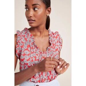 Maeve by Anthropologie sleeveless floral pleated ruffle buttondown shirt in red